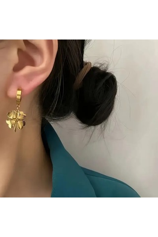 Antialerjik 316l Çelik Gold Renkli Şık Dört Yapraklı Yonca Motif Kolye, Küpe Seti Şıklık Ve Zarafet Gold