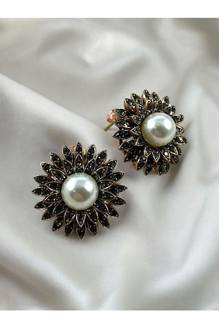 Black Diamond Swarovski Taşlı İnci Çiçek Küpe Gri