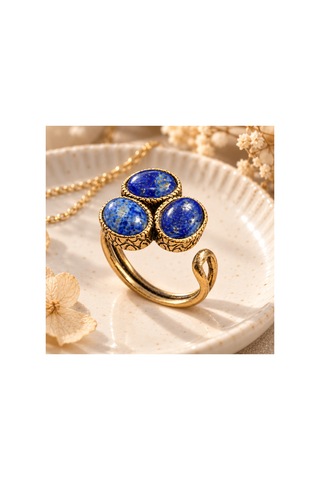 Esoo Jewelry Doğal Taş Detaylı 3 Taşlı Vintage Gold Ayarlanabilir Kadın Yüzük - Saks Mavi Koyu Mavi