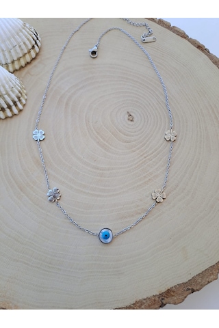 Dali Shop Nazar Boncuklu Çelik Yonca Zincir Kolye Gümüş