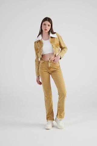 Holly Lolly Mermer Desenli Kırçıl Detaylı Straight Kesim Paça Yırtmaçlı Rusted Jean Pantolon Camel