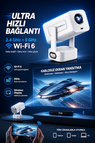 Pro602 Taşınabilir Android Projeksiyon Cihazı Bass Projektör Telefon Ekran Yansıtma Wifi Bluetooth