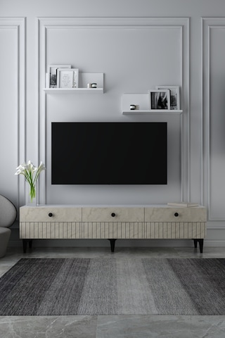 180dhdtrü7bt İlay Lazer Desenli Raflı Tv Sehpası Ünitesi Beyaz-traverten