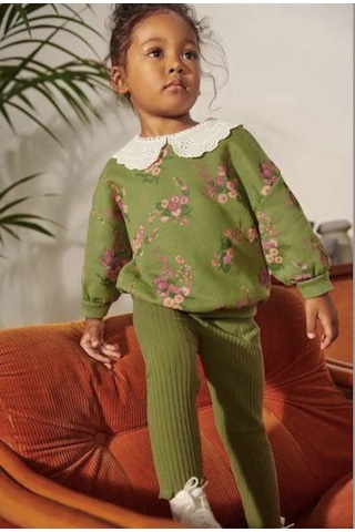 Lolliboomkids Yeni Sezon Bebe / Önlük Yaka Yeşil Renk Çiçek Baskılı Sweatshirt Ve Fitilli Kadife Taytlı Alt Üst Takım Yeşil