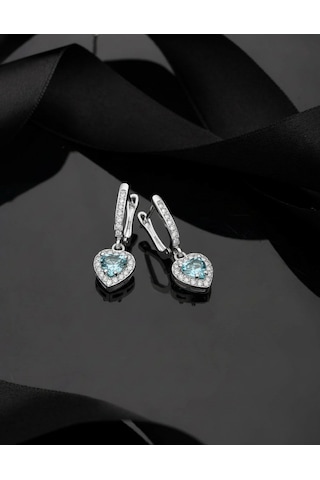 925 Ayar Akuamarin Taşlı Rodyum Pırlanta Işıltılı Sallantılı Kalp Gümüş Küpe Gümüş