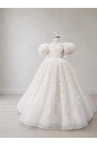 Star Kids Fashion Kız Çocuk Beyaz Prenses Elbisesi Çiçek İşlemeli Kabarık Tül Abiye Doğum Günü Düğün Özel Gün Elbisesi