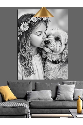 Kız Çocuğu Ve Köpek Dostluğu Sevimli Siyah Beyaz Dekoratif Kanvas - Mdf Ahşap Tablo