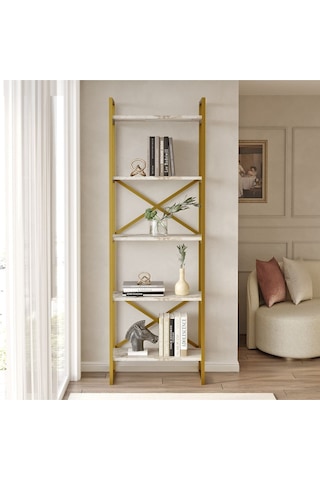 Atlantis 175cm Gold Metal Kitaplık 5 Raflı Mermer Desen Atl3-ge Efes