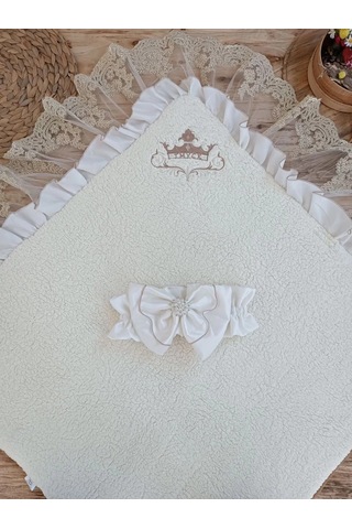 Yenidoğan Wool Yün Kumaş Taç Nakışlı Güpür Duvaklı Fiyonk Prizma Taş Unisex Kundak Bebek Battaniyesi Kahverengi Çok Renkli