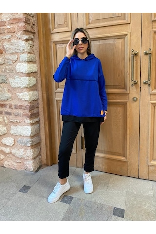 Modaserdem Kadın Kapşonlu Etek Ucu Detay Armalı Ters Dikiş Gorunumlu Ikili Takım Mavi