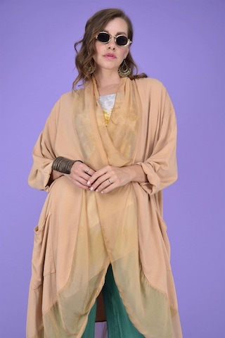 Italyan Ipek Detaylı Oversize Kaftan & Bluz-8711 Açık Camel