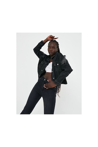 Zdnjeans Püskül Detaylı Antrasit Crop Denim Ceket