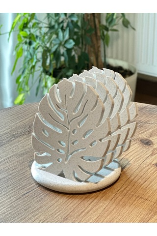 Monstera Modern Dekoratif Bardak Altlığı 4'lü Set Ve Standı - Mermer Beyazı Mermer