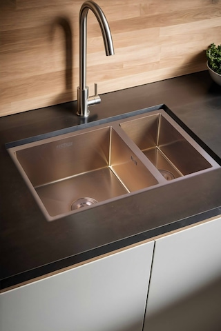 Uka Serisi %100 Krom 70x45 Paslanmaz Mutfak Eviyesi, Mutfak Lavabosu Sifon Dahil Bronz
