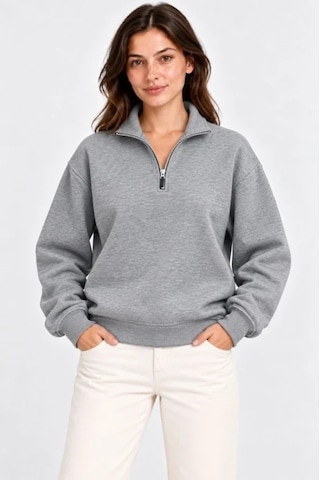 N11 Üç İplik İçi Şardonlu Dik Yaka Yarım Fermuarlı Kışlık Sweatshirt - Gri