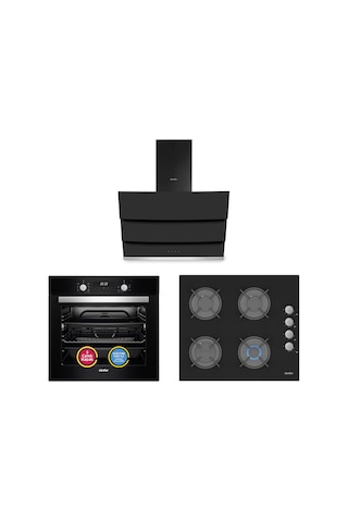 Simfer Turbo Siyah Ankastre Set (7327 Fırın + 3500 Ocak + 8678 Davlumbaz)