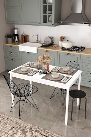 Df01113 Dekoratif Mutfak Masası 120x70 4-6 Kişilik Şık, Modern, Metal Ayaklı Salon Yemek Masası Beyaz