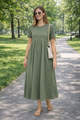 Esra Butik78 Rahat Kalıp Penye Elbise Kısa Kollu 130 Cm Uzun Günlük Basic Kadın Elbise Yeşil