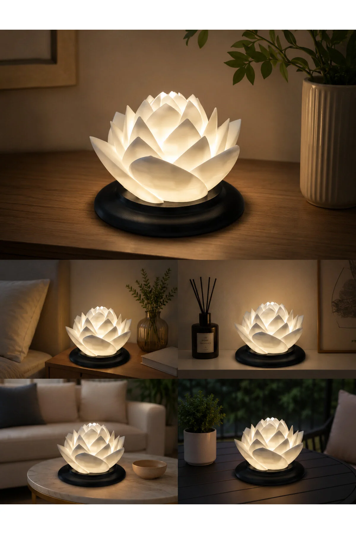 Lotus Çiçek Gece Lambası Led Dekoratif Abajur Ortam Aydınlatma Masa Lambası Beyaz