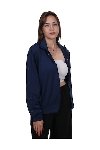 Kadın Modal Kumaş Dik Yaka Rahat Kalıp Lacivert Ceket Hırka Lacivert