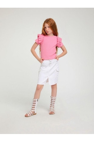 Kız Çocuk Pamuklu Bel Ayar Lastikli Dar Kot Beyaz Etek-14122 Beyaz
