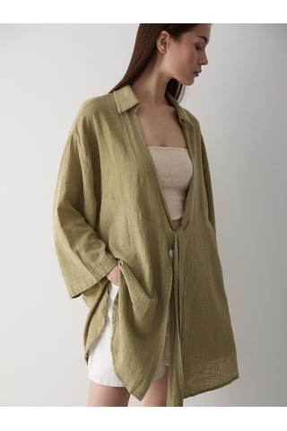 Haki Flam Keten Kimono Gömlek Haki