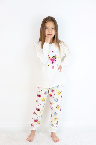 Kız Çocuk Orta Kalınlıkta Basic Baskılı Pijama Takımı Ekru