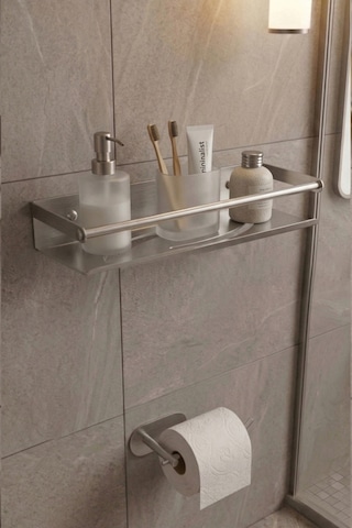 Zift Unique Paslanmaz Çelik Satine İnoks Yapışkan Montaj Banyo Rafı - Tuvalet Kağıdı Askısı Set Inox