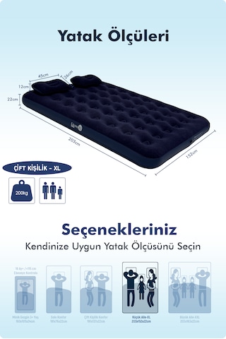 Livenzi Nature Çift Kişilik Şişme Yatak & Yastık + Manuel Şişirme Pompası 203 X 152 X 22 Cm Lacivert