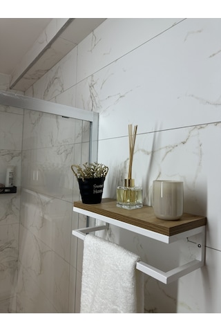 lyla concept Fulya Banyo Ahşap Raflı Beyaz Metal Havlu, Şal Askılık Ceviz Raf Beyaz