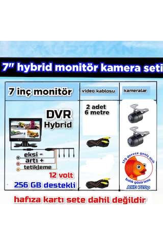 2 Adet Ledsiz Ahd 720p 170'' Balık Gözü Lens Kelebek Kamera 256 Gb 7 İnç Hybrid Dvr Monitör 12 Volt