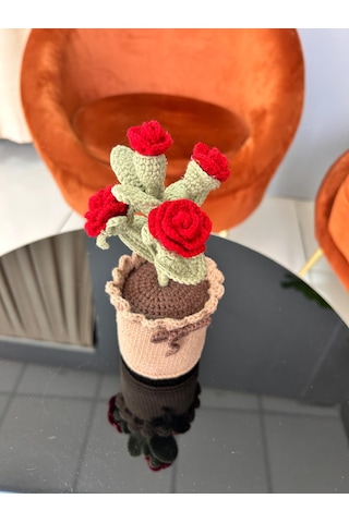 El Yapımı Örgü Saksılı Gül - Yeni İş Hediyesi - Özel Gün Hediyesi