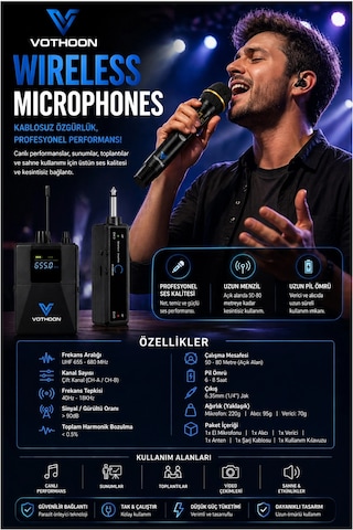 Mikrofon Seti Uhf Çift Kanal Profesyonel El Mikrofonu 50-80m Menzil