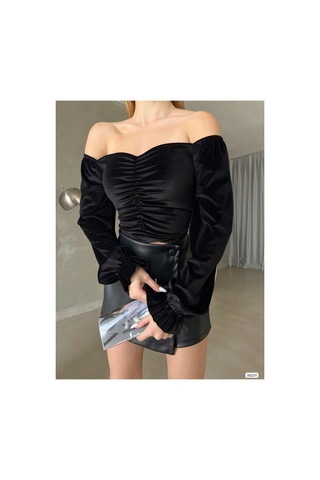Angbutik Kadın Gösterişli Madonna Yaka Uzun Kol Kadife Kumaş Smock Bluz siyah