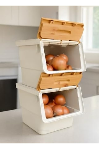 2'li Bambu Patates Soğan Sepeti Tekerlekli Kapaklı Havalandırmalı 24 Litre Sebzelik Organizer Çok Renkli
