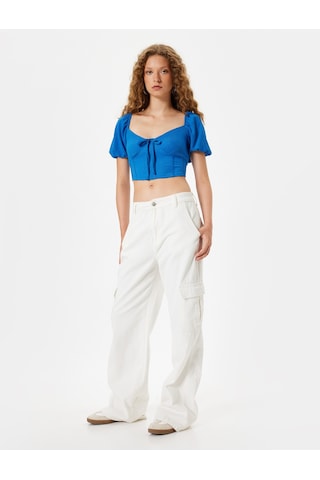Koton Crop Tişört Balon Kol Korse Görünümlü Bürümcük V Yaka Slim Fit Mavi 4sal11118ık Mavi