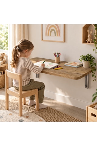 Montessori Masa 90x50 Cm Katlanabilir Duvar Masası Çocuk Çalışma Ve Aktivite Masası Ceviz Renk Sunta Tabla