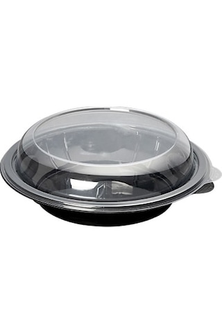 Şeylişeyler - Siyah Mikrodalga Uyumlu Yuvarlak Salata Kabı 750 Cc 100'lü Set - Şeffaf Kapaklı Paket Servis Kasesi