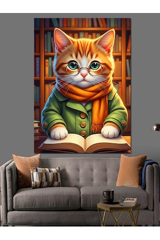 Ahşap Tablo Kitap Okuyan Turuncu Kedi