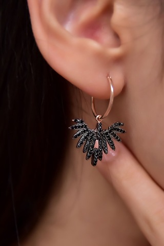 925 Ayar Gümüş Rose Kaplama Siyah Zirkon Taşlı Kadın Anka Kuşu Figürlü Halkalı Küpe