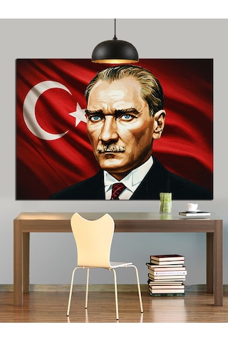 Bayrak Önünde Atatürk Portresi Dekoratif Kanvas - Mdf Ahşap Tablo