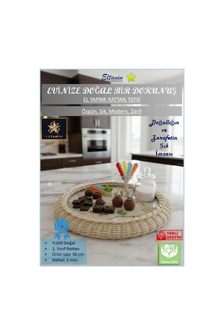 %100 Doğal El Yapımı Çok Amaçlı Dekoratif Şık Rattan Tepsi 38 Cm, 1. Sınıf, Dekoratif