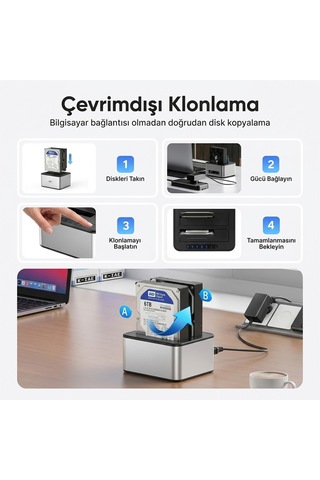 Juo Jhd32 Usb 3.0 Çift Yuvalı 2.5" Ve 3.5" İnç Sata Hdd Ssd Offline Clone Docking Station Klon Fonksiyonlu Disk İstasyonu