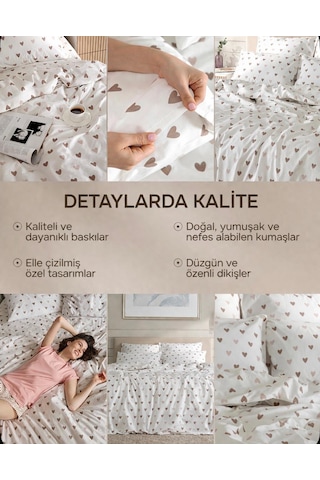 Uçkan Home %100 Pamuk Cozy Hearts Çift Kişilik Nevresim Seti-97 Kırık Beyaz