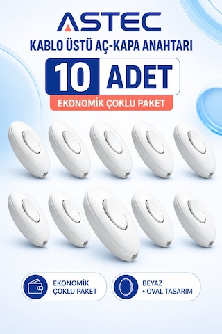 Astec Kaliteli Ara Puar Anahtar Beyaz Kablo Üstü Aç Kapa Düğmesi 10 Adet Ovel