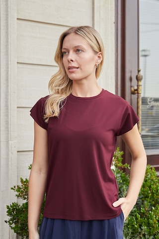Jument Kadın İpeksi Kumaş Geniş Sıfır Yaka Kısa Kol Tshirt Bluz-bordo