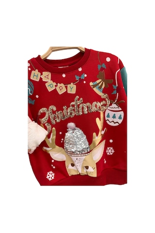 Kız Çocuk Sevimli Geyik Payet Detaylı Kırmızı Renk Sweatshirt 3 İplik Kırmızı - Yeşil