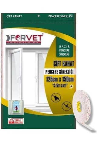 Forvet Çift Kanat Cırtlı Sineklik Pencere Seti 125x150 Cm + 5.6 Metre Bant Hediyeli