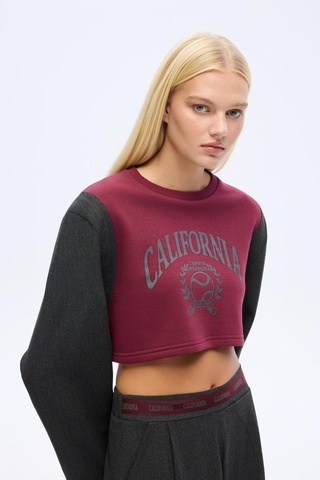 Quzu 00752 Kadın Önü Baskılı Vatkalı Sweatshirt Bordo