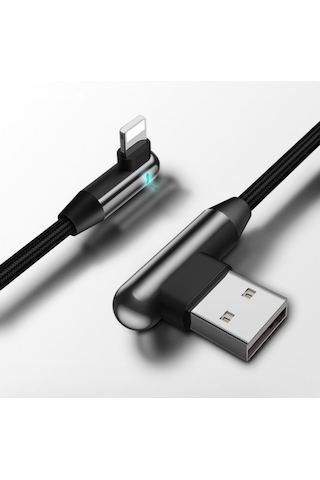 iPhone Uyumlu Lightning 90 Derece Led Işık Gamer Şarj Ve Data Kablo
